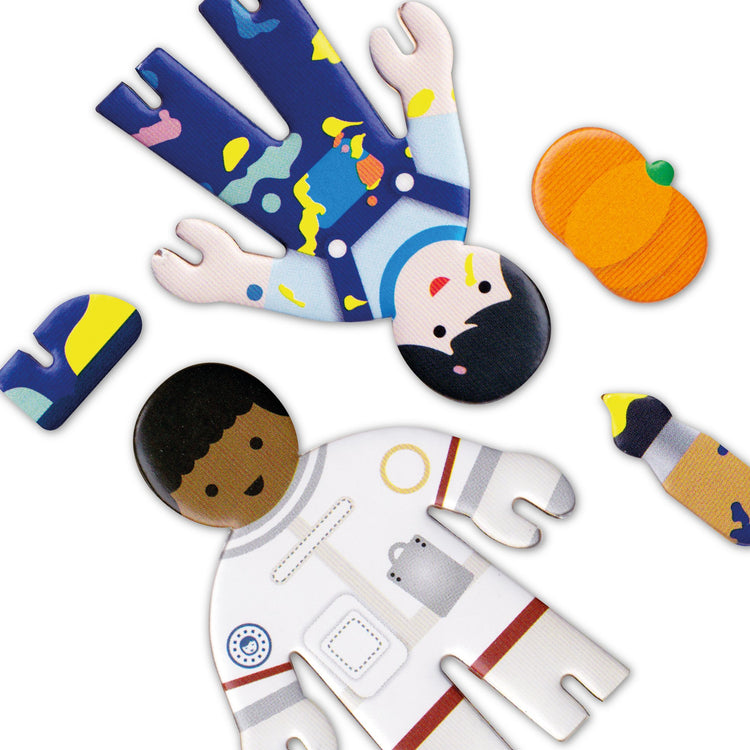 Cut-outs from Playpress sets showing an astronaut and artist.